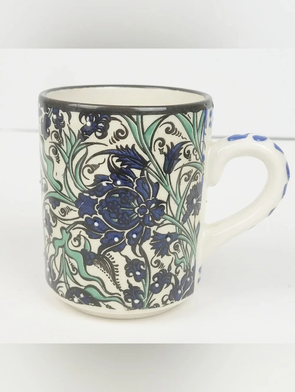 Nakkas Ceramic Hand Painted Mug~Iznik Style Turkey~Blue Green Floral~Set of 2